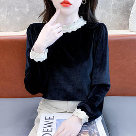 KQL-768春季新款法式小香风拼接丝绒衬衫女设计感洋气打底衫