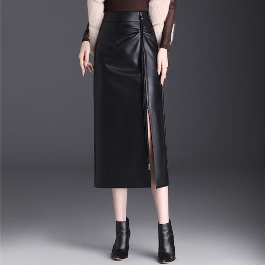 秋冬长款修身时尚包臀皮裙，高腰通勤气质侧开叉时髦半身裙MYX-99651 商品图0