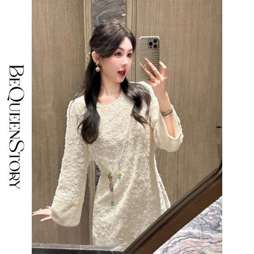 【年终福利，不退不换】  【香雪浮梅】中式重工蕾丝侧边开衩圆领宽松连衣裙女 商品图0