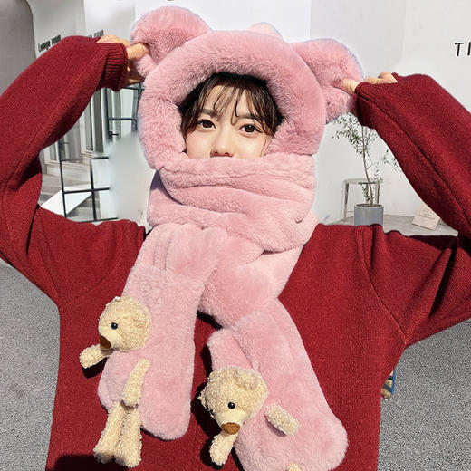 小熊帽子韩版可爱女百搭秋冬季冬天围巾一体帽保暖手套围脖三件套 商品图4