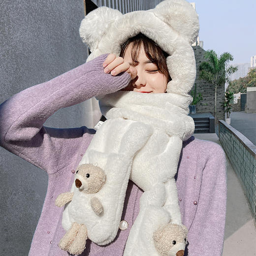 小熊帽子韩版可爱女百搭秋冬季冬天围巾一体帽保暖手套围脖三件套 商品图0