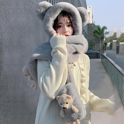 小熊帽子韩版可爱女百搭秋冬季冬天围巾一体帽保暖手套围脖三件套 商品图1