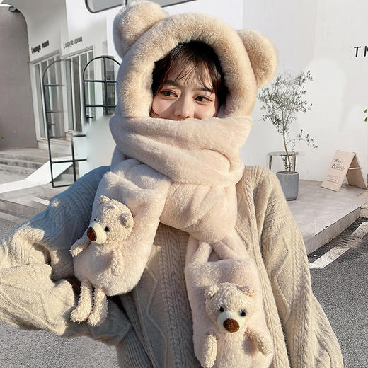 小熊帽子韩版可爱女百搭秋冬季冬天围巾一体帽保暖手套围脖三件套 商品图3