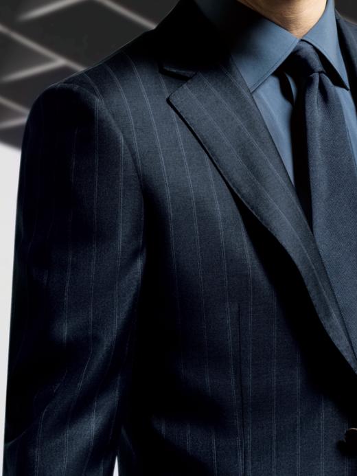 Stylbiella Super 120's 澳洲美丽诺羊毛自然纬弹钢蓝色宽条纹全麻衬套装 商品图2