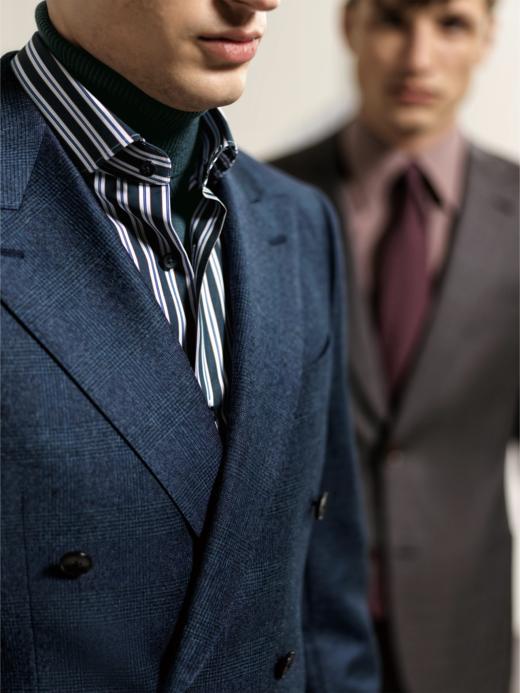 Stylbiella Super 120's 澳洲美丽诺羊毛300克重自然纬弹蓝色格纹全麻衬套装 商品图1