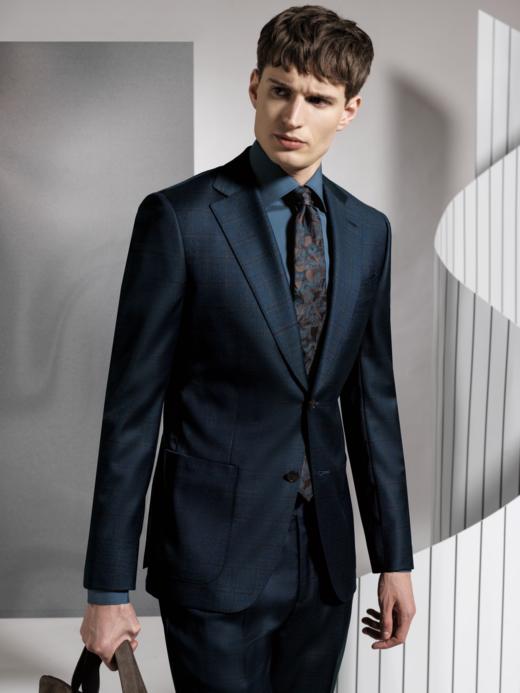 Stylbiella Super 120's 澳洲美丽诺羊毛自然纬弹蓝色格纹全麻衬套装 商品图0