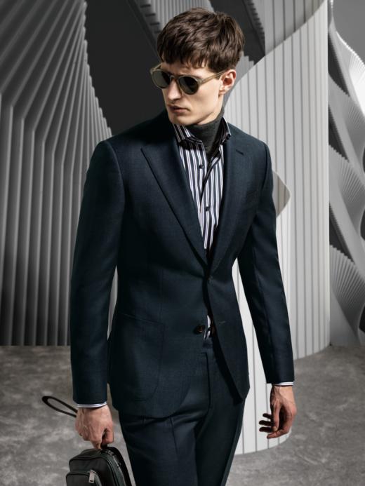 Stylbiella Super 120's 澳洲美丽诺羊毛300克自然纬弹蓝色格纹全麻衬套装 商品图0