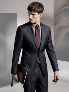 Stylbiella Super 120's 澳洲美丽诺羊毛自然纬弹中灰色宽条纹全麻衬套装