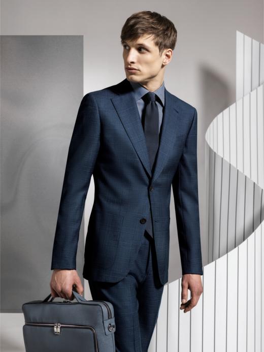 Stylbiella 澳洲美丽诺羊毛300克重四向弹力蓝色格纹全麻衬套装 商品图0