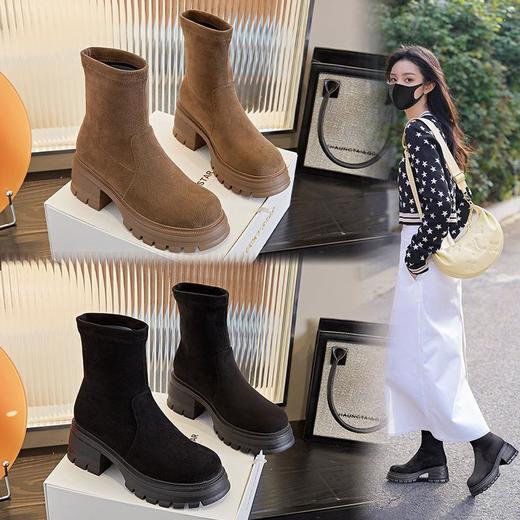 新款弹力袜靴2023秋冬高跟马丁靴女复古短靴女休闲靴子女百搭女靴 商品图0