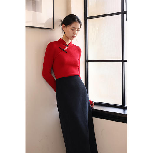 HeyDress黑色欧棉绒半身裙女秋冬法式复古高腰显瘦开叉直筒半裙 商品图2