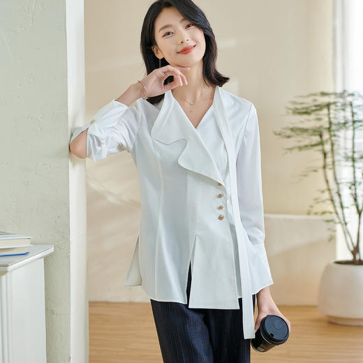 米思阳2024春季新款时尚设计感白色衬衫飘带不规则v领上衣女0240 商品图1