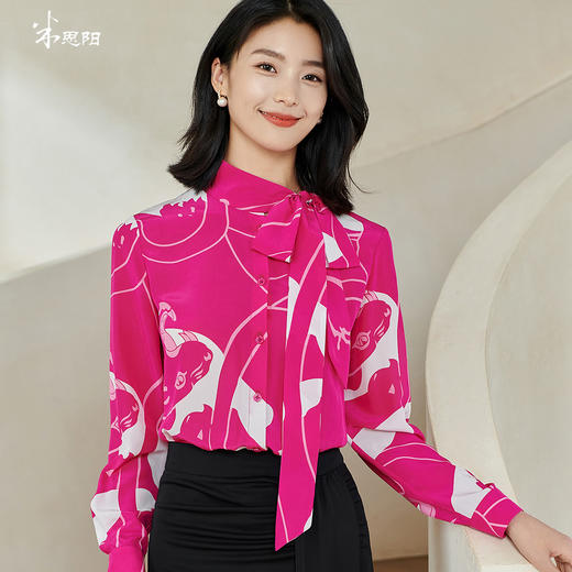 剩M/XL/XXL 100%桑蚕丝飘带衬衫 米思阳2026春季新款优雅气质真丝印花上衣0221 商品图0