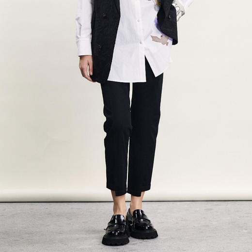 谜底黑色休闲裤女2024春季新款简约修身百搭九分烟管裤241MK0096 商品图0