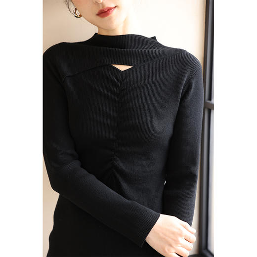 HeyDress半高领针织连衣裙女秋冬法式修身显瘦镂空毛衣裙气质裙子 商品图2