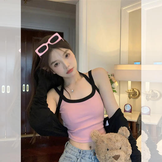 <曾小咸推荐>拼色吊带背心女交叉性感短款外穿内搭美背弹力修身（自带一体胸垫）39.99/件 50/2件！【预售款，预计3-15天发货】 商品图0