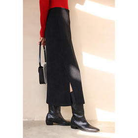 HeyDress黑色欧棉绒半身裙女秋冬法式复古高腰显瘦开叉直筒半裙