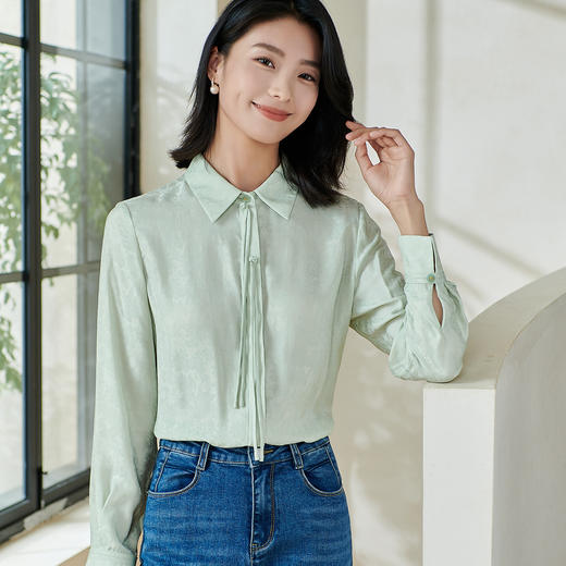 剩XL/XXL 米思阳2026春季新款新中式气质提花衬衫缎感直筒修身绿色上衣0065 商品图3