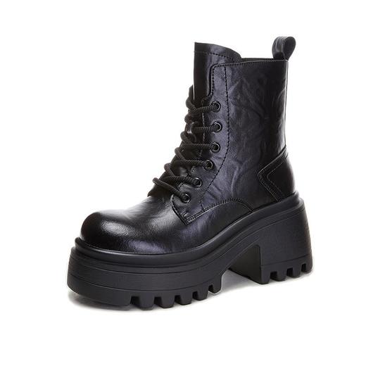 真皮马丁靴女2023秋冬新款高跟复古短靴女休闲百搭靴子女时尚女靴 商品图4