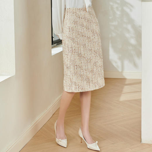 剩M 米思阳2026春季新款气质小香风粗花呢半身裙亮片开叉修身裙子0020 商品图3