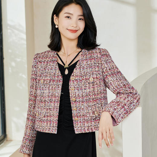 剩XL/XXL 米思阳2026春季新款名媛小香风粗花呢短外套拼接保暖搭配上衣0074 商品图3