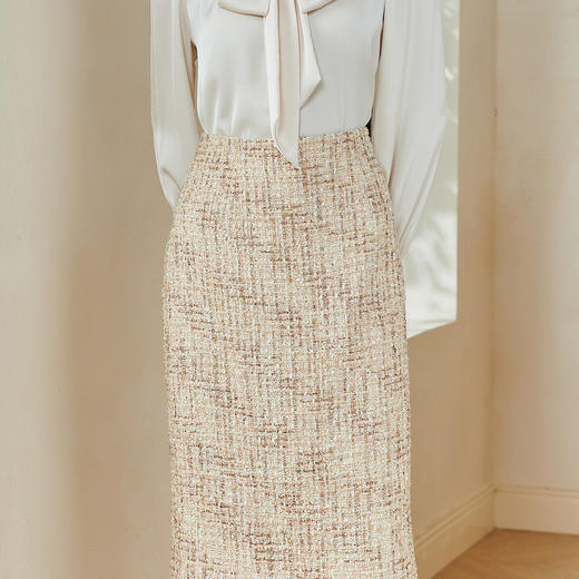 剩M 米思阳2026春季新款气质小香风粗花呢半身裙亮片开叉修身裙子0020 商品图4