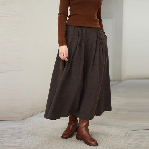绽放031朵/深咖极简风半松紧腰精致塔克亚麻色织中长款棉麻半身裙 商品图0