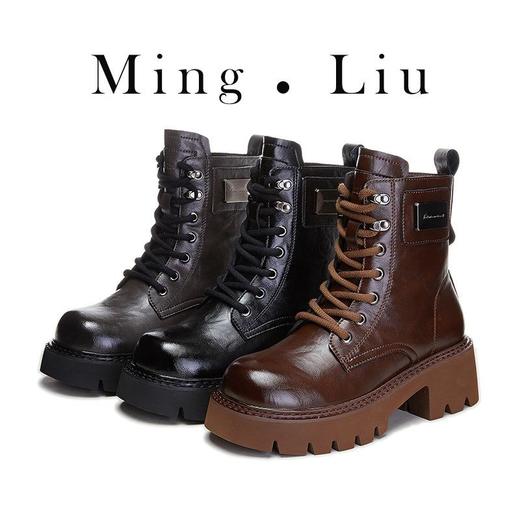 真皮马丁靴女2023秋冬新款美拉德粗跟圆头短靴女复古休闲时尚女靴 商品图0