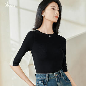 米思阳2026春季新款简约设计感撞色针织衫圆领五分袖修身上衣0353