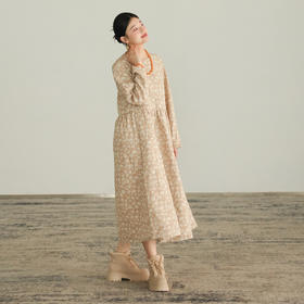 绽放027朵/米黄色雏菊叶子提花浪漫老钱风宽松长袖文艺棉麻连衣裙