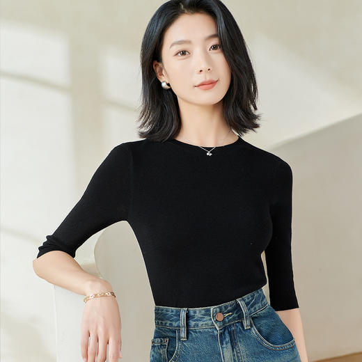 米思阳2026春季新款简约设计感撞色针织衫圆领五分袖修身上衣0353 商品图2