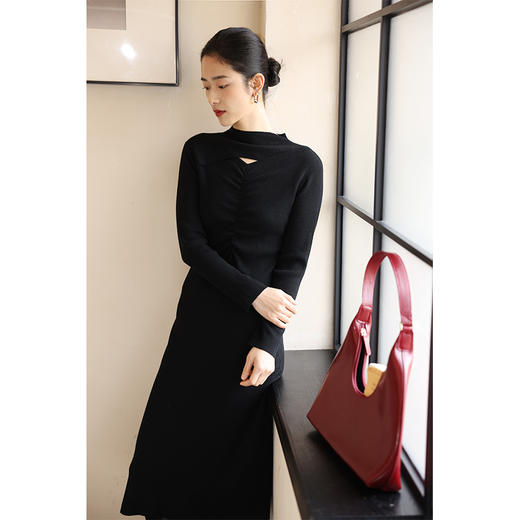 HeyDress半高领针织连衣裙女秋冬法式修身显瘦镂空毛衣裙气质裙子 商品图1