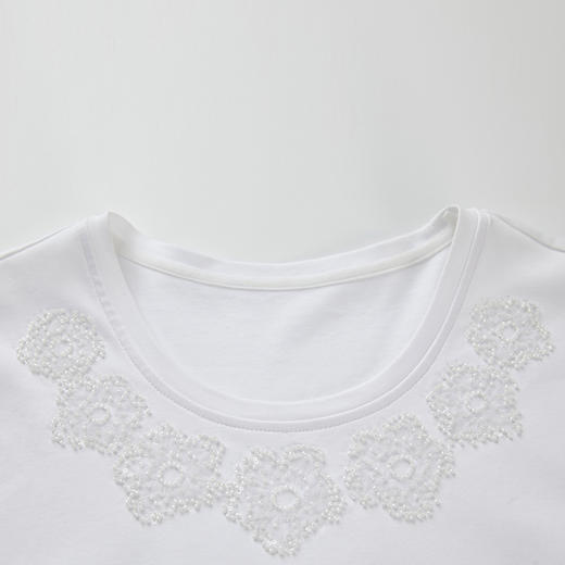 谜底基础白T短袖女2024春季新款简约风绣花圆领修身T恤241MT0071 商品图3