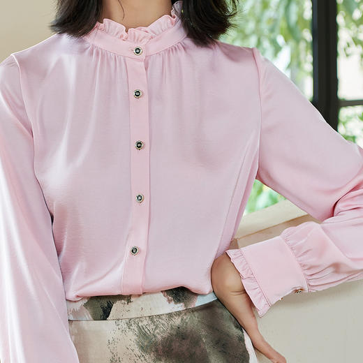 米思阳2026春季新款法式时尚纯色宽松衬衫荷叶领弹力开衫上衣0026 商品图6