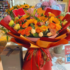 【幸福安康】5朵向日葵➕金色玫瑰➕百合➕蔷薇➕康乃馨精品大花束