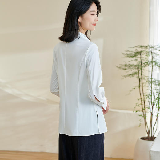 米思阳2024春季新款时尚设计感白色衬衫飘带不规则v领上衣女0240 商品图5