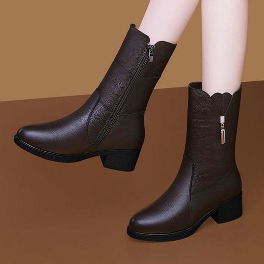ALBB-真皮中筒靴2023秋冬新款加绒保暖马丁靴中跟粗跟女士棉靴子 商品图8