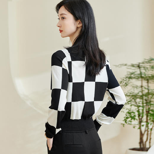 剩S/XL 米思阳2026春季新款经典时尚圆领针织衫棋盘格弹力开衫上衣女0229 商品图5