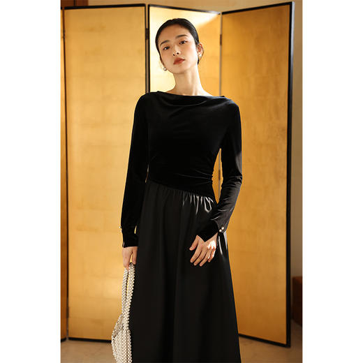 HeyDress法式拼接丝绒连衣裙女秋冬复古收腰气质小黑裙赫本风裙子 商品图1
