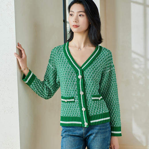 剩M/L/XL/XXL 米思阳2026春季新款洋气休闲v领针织衫圈圈纱宽松拼接上衣女0058 商品图3