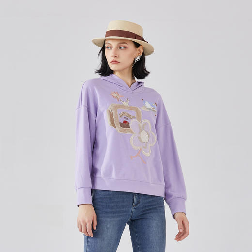 谜底连帽卫衣女2024春季新款学院风绣花宽松中长款上衣241MV0053 商品图1