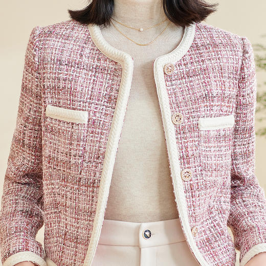 米思阳 春季新款温柔高定小香风短外套拼接保暖粗花呢上衣女 商品图4