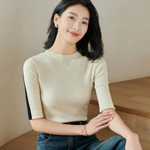 米思阳2026春季新款简约设计感撞色针织衫圆领五分袖修身上衣0353 商品图1