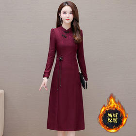 中长款加绒印花时尚连衣裙立领长袖修身洋气旗袍裙QYM-OMS-PB3170-L