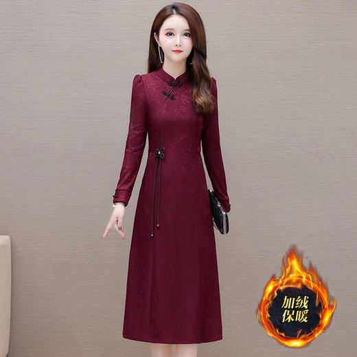 中长款加绒印花时尚连衣裙立领长袖修身洋气旗袍裙QYM-OMS-PB3170-L 商品图0