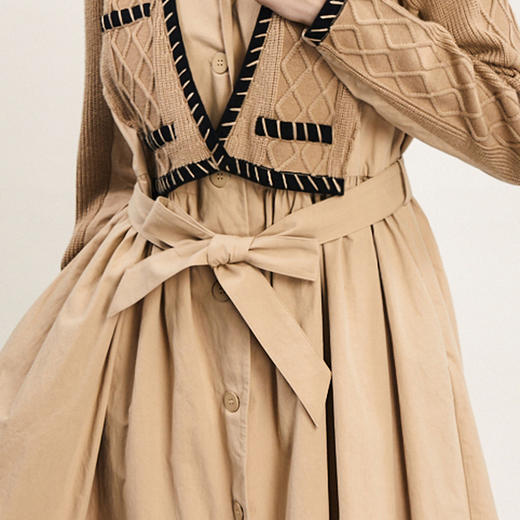 谜底毛织拼接连衣裙长袖2024春新款复古气质长裙大摆裙241ML0129 商品图3