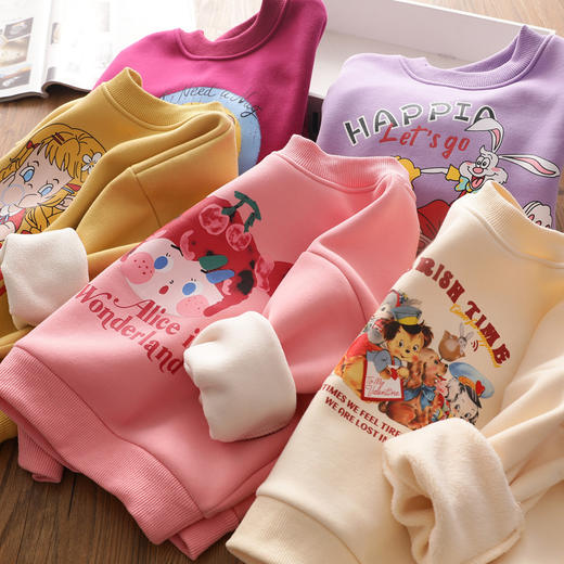 【69.9/任选2件！】女童加绒圆领卫衣，儿童洋气卡通一体奥粒绒，保暖休闲套头上衣深秋冬 商品图0
