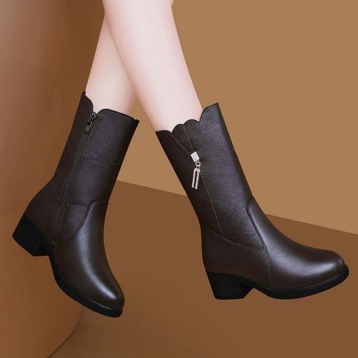 ALBB-真皮中筒靴2023秋冬新款加绒保暖马丁靴中跟粗跟女士棉靴子 商品图7