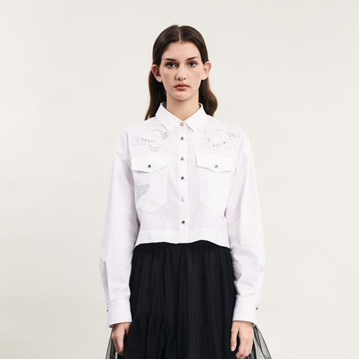 谜底短款衬衫女2024春季新款时尚纯棉绣花宽松衬衣长袖241MC0078 商品图0