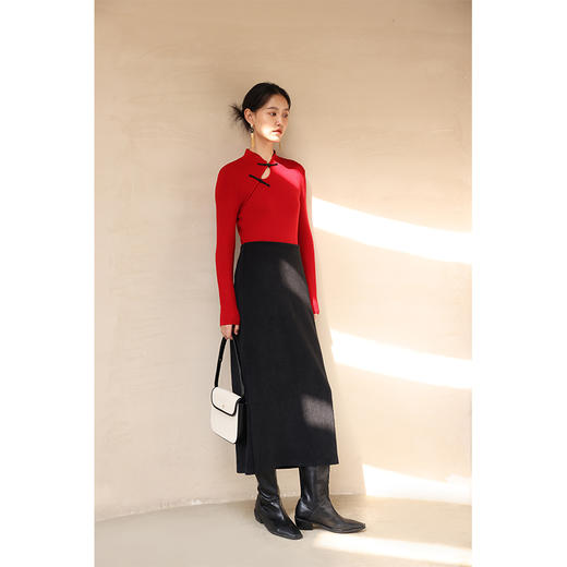 HeyDress黑色欧棉绒半身裙女秋冬法式复古高腰显瘦开叉直筒半裙 商品图1